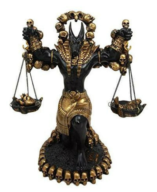 Ancient Egyptian God Anubis Statue by Ankh Altar Weighing The Heart Against Ostrich Feather Figurine 9" Tall Black and Gold