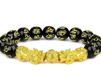 Black Obsidian Bracelet with 2 Gold Dragons